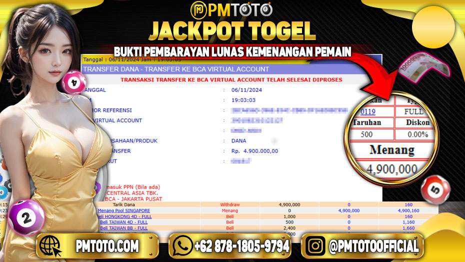 Selamat Kepada Member PMTOTO JACKPOT SINGAPORE Rp.4.900.000.,- LUNAS