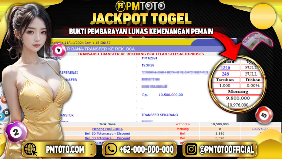 Selamat Kepada Member PMTOTO JACKPOT CHINA Rp.10.500.000.,- LUNAS