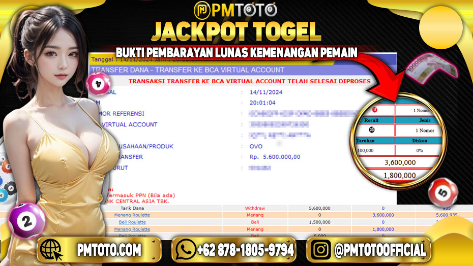 Selamat Kepada Member PMTOTO JACKPOT ROULETTE Rp.5.600.000.,- LUNAS