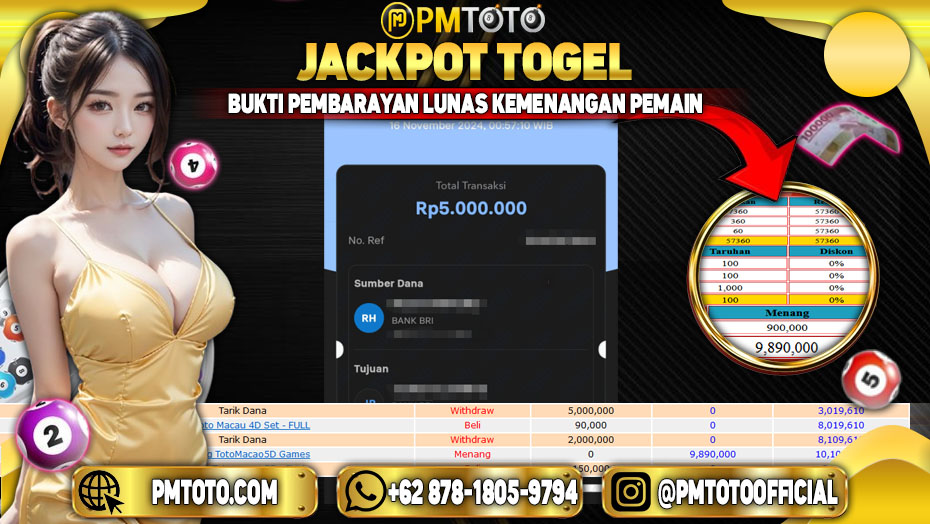 Selamat Kepada Member PMTOTO JACKPOT TOTOMACAU 5D Rp.5.000.000.,- LUNAS