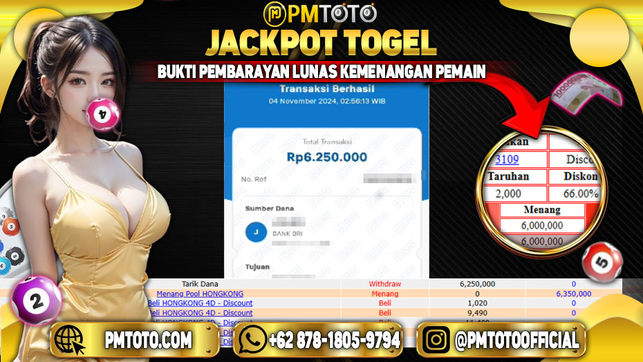 Selamat Kepada Member PMTOTO JACKPOT HONGKONG Rp.6.250.000.,- LUNAS