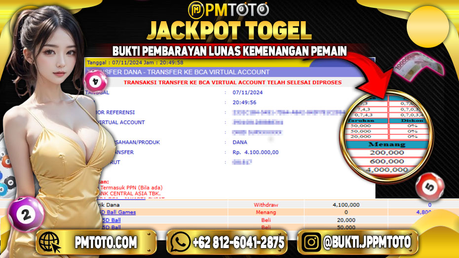 Selamat Kepada Member PMTOTO JACKPOT 5D BALL GAMES Rp.4.100.000.,- LUNAS