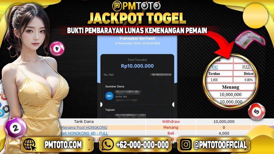 Selamat Kepada Member PMTOTO JACKPOT HONGKONG Rp.10.000.000.,- LUNAS