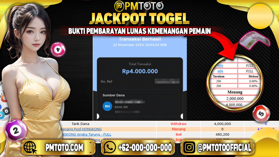 Selamat Kepada Member PMTOTO JACKPOT HONGKONG  Rp.4.000.000.,- LUNAS