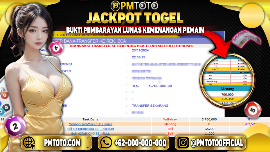 Selamat Kepada Member PMTOTO JACKPOT TOTOMACAU 5D Rp.5.700.000.,- LUNAS