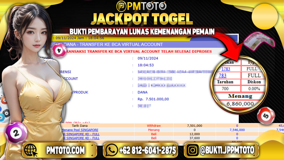 Selamat Kepada Member PMTOTO JACKPOT SINGAPORE Rp.7.501.000.,- LUNAS