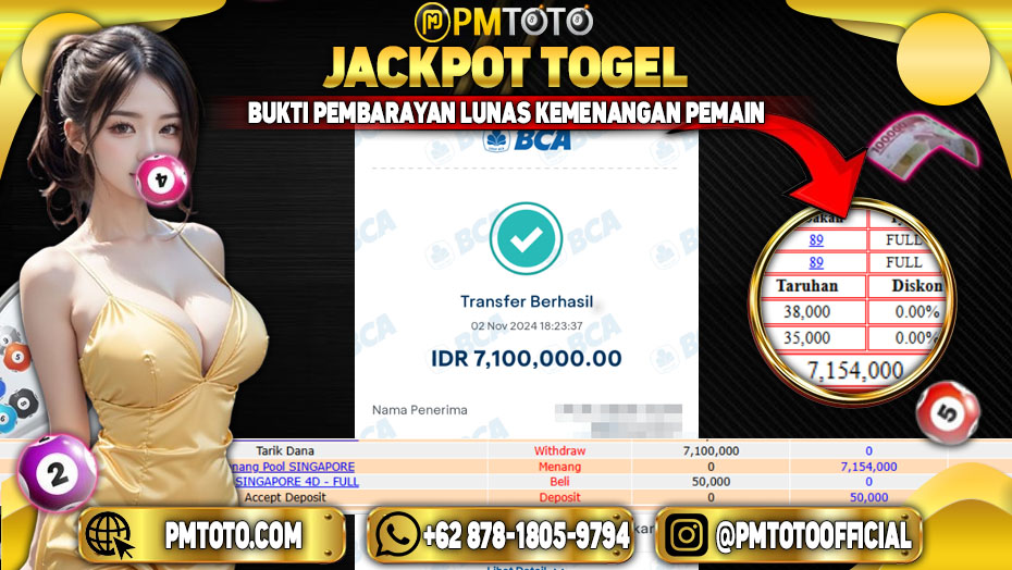 Selamat Kepada Member PMTOTO JACKPOT SINGAPORE Rp.7.100.000.,- LUNAS