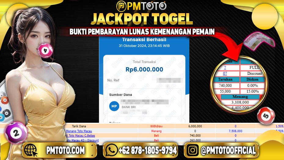 Selamat Kepada Member PMTOTO JACKPOT TOTOMACAU Rp.6.000.000.,- LUNAS