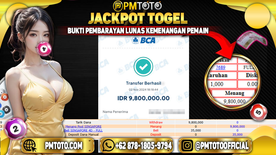 Selamat Kepada Member PMTOTO JACKPOT SINGAPORE Rp.9.800.000.,- LUNAS