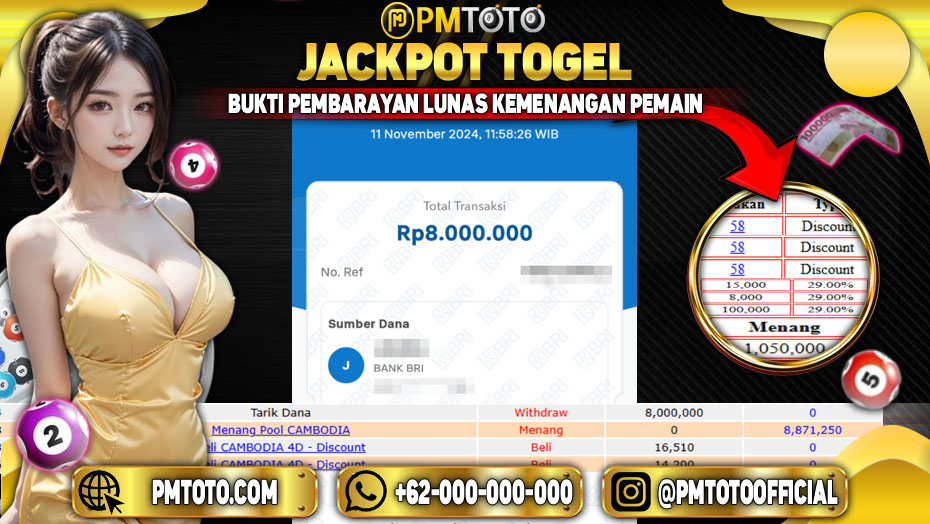 Selamat Kepada Member PMTOTO JACKPOT CAMBODIA Rp.8.000.000.,- LUNAS