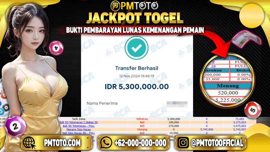 Selamat Kepada Member PMTOTO JACKPOT TOTOMACAU 5D Rp.5.300.000.,- LUNAS