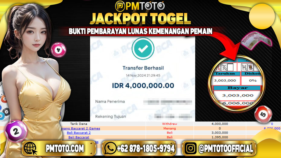 Selamat Kepada Member PMTOTO JACKPOT BACCARAT Rp.4.000.000.,- LUNAS