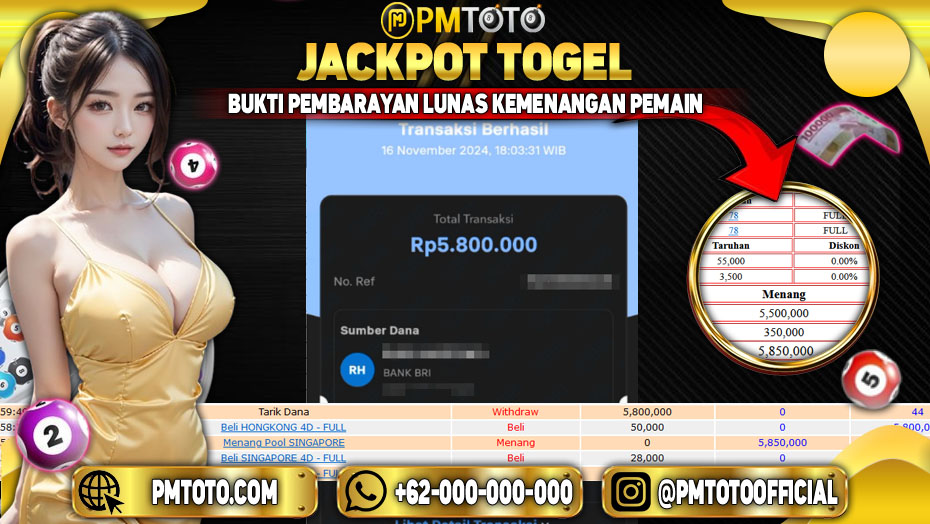 Selamat Kepada Member PMTOTO JACKPOT SINGAPORE Rp.5.800.000.,- LUNAS