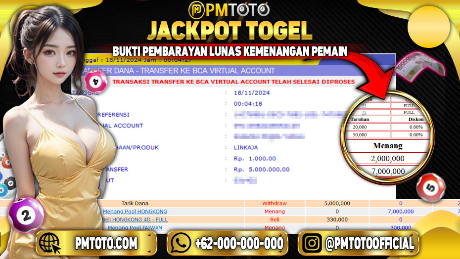 Selamat Kepada Member PMTOTO JACKPOT HONGKONG Rp.5.000.000.,- LUNAS