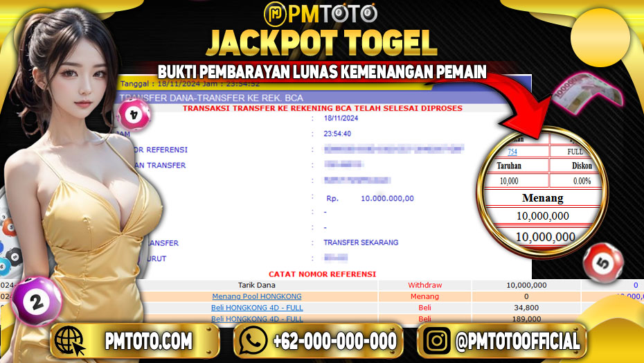 Selamat Kepada Member PMTOTO JACKPOT HONGKONG Rp.10.000.000.,- LUNAS