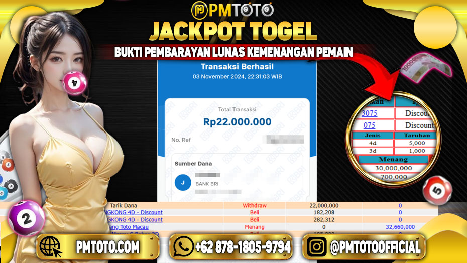 Selamat Kepada Member PMTOTO JACKPOT HONGKONG Rp.22.000.000.,- LUNAS