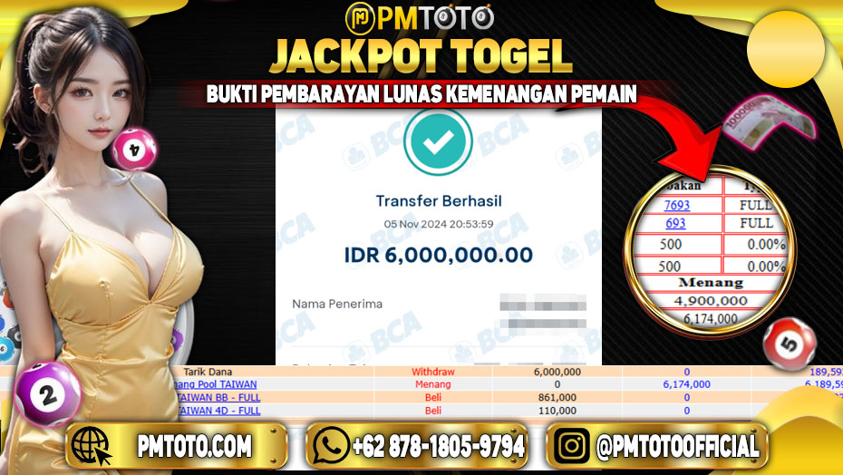 Selamat Kepada Member PMTOTO JACKPOT TAIWAN Rp.6.000.000.,- LUNAS