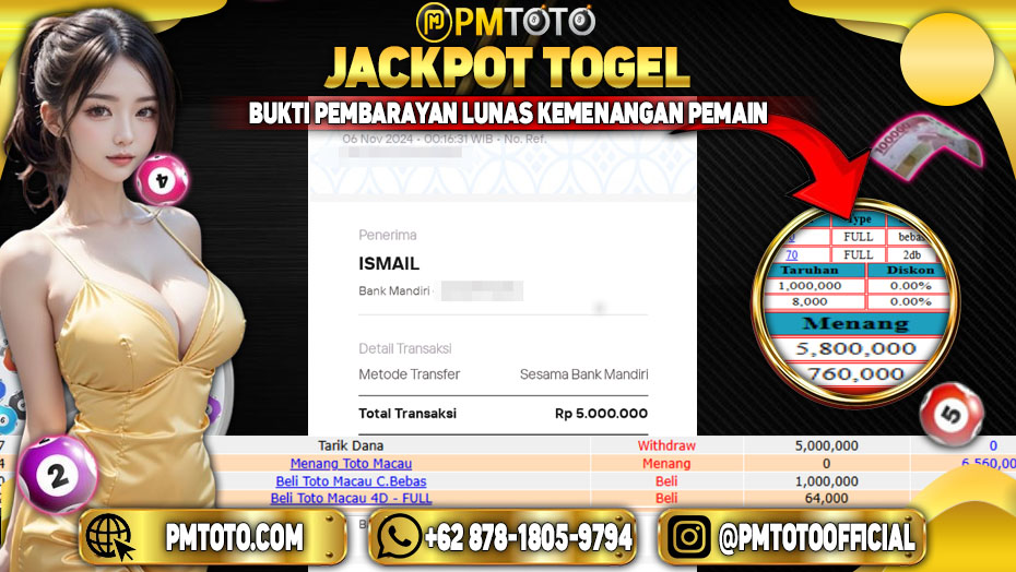 Selamat Kepada Member PMTOTO JACKPOT TOTOMACAU Rp.5.000.000.,- LUNAS