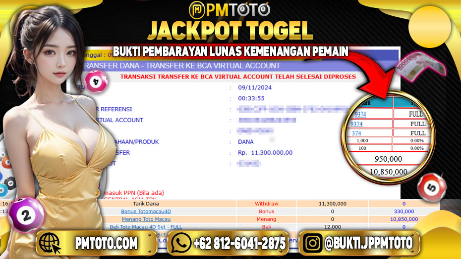 Selamat Kepada Member PMTOTO JACKPOT TOTOMACAU Rp.11.300.000.,- LUNAS