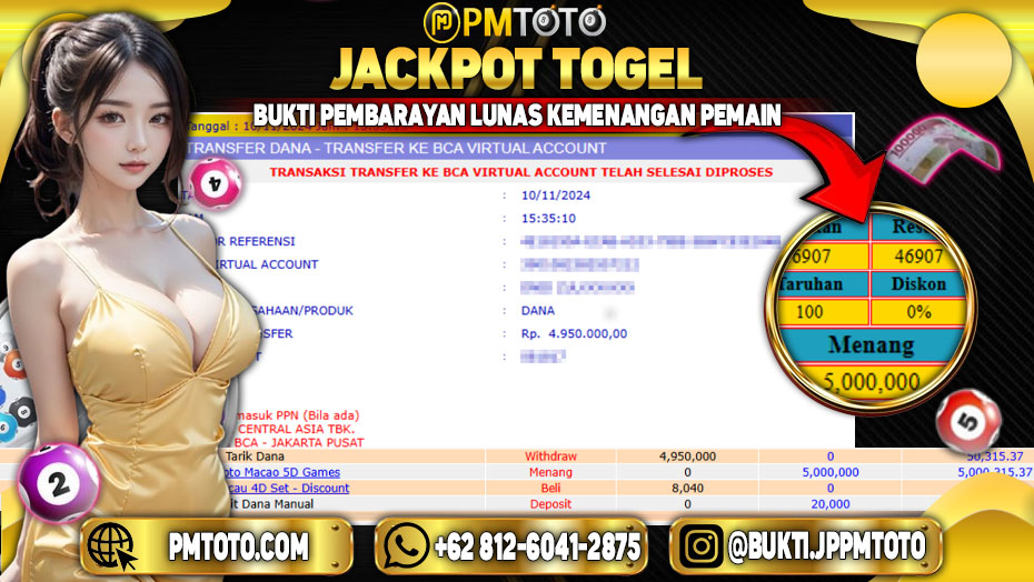 Selamat Kepada Member PMTOTO JACKPOT TOTOMACAU 5D Rp.4.950.000.,- LUNAS