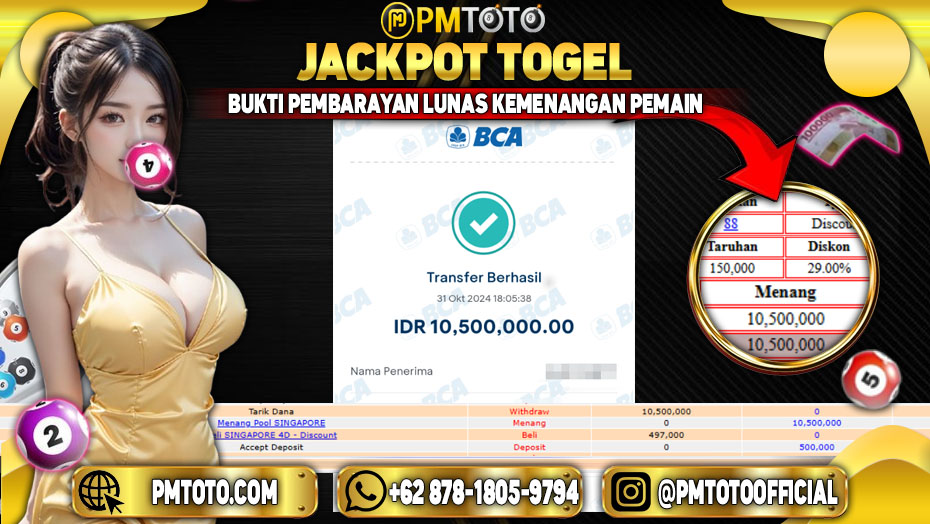 Selamat Kepada Member PMTOTO JACKPOT SINGAPORE Rp.10.500.000.,- LUNAS