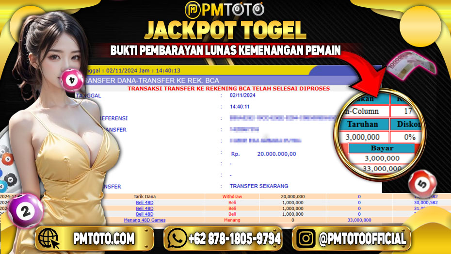 Selamat Kepada Member PMTOTO JACKPOT 48D GAMES Rp.20.000.000.,- LUNAS