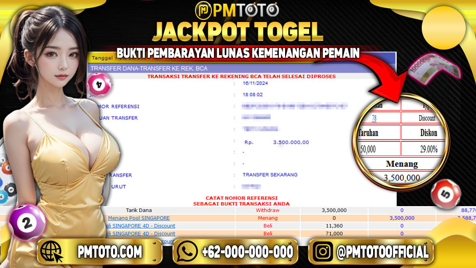 Selamat Kepada Member PMTOTO JACKPOT SINGAPORE Rp.3.500.000.,- LUNAS