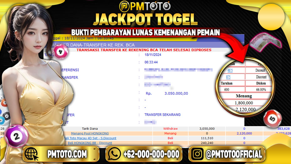 Selamat Kepada Member PMTOTO JACKPOT HONGKONG Rp.3.050.000.,- LUNAS