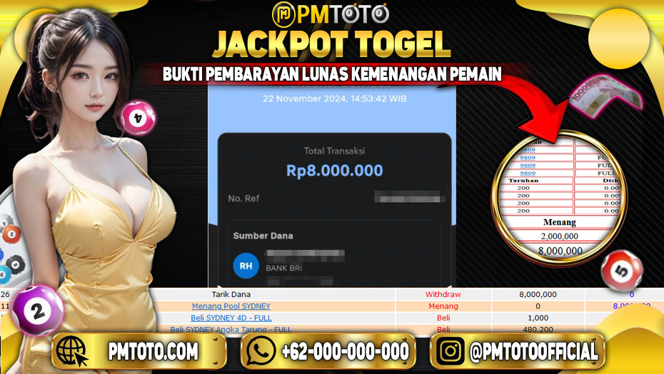 Selamat Kepada Member PMTOTO JACKPOT SYDNEY Rp.8.000.000.,- LUNAS