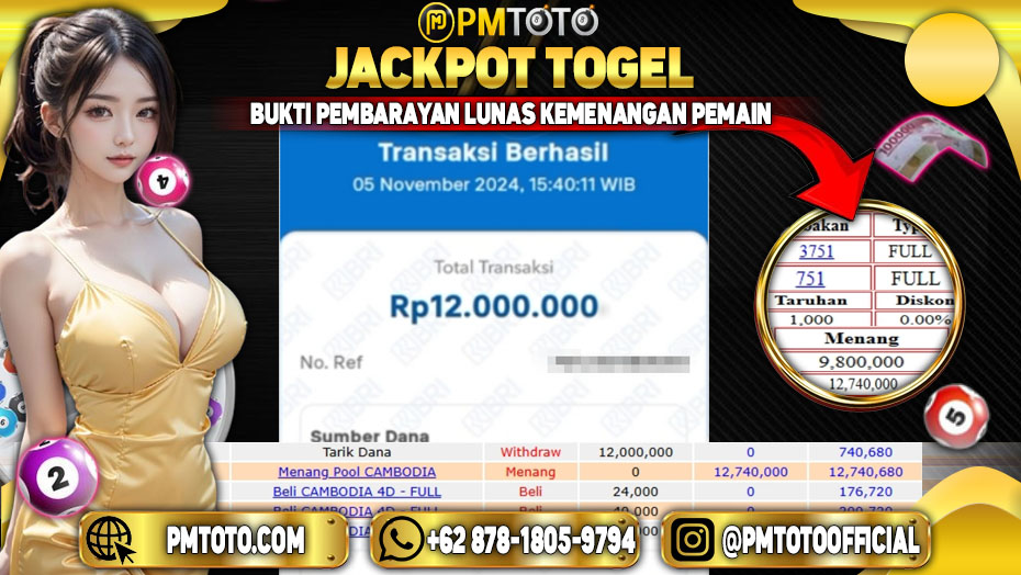 Selamat Kepada Member PMTOTO JACKPOT CAMBODIA Rp.12.000.000.,- LUNAS