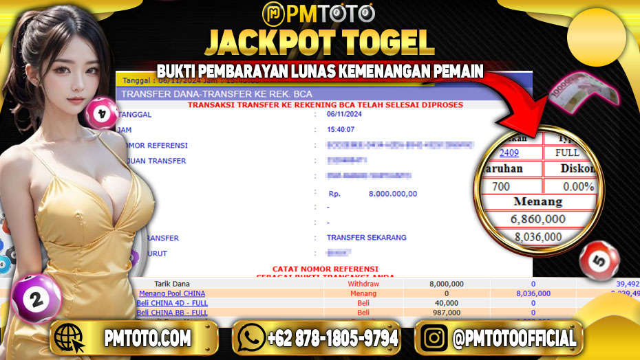 Selamat Kepada Member PMTOTO JACKPOT CHINA Rp.8.000.000.,- LUNAS