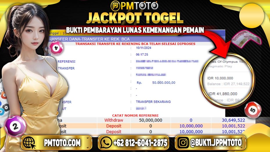 Selamat Kepada Member PMTOTO JACKPOT GATES OF OLYMPUS Rp.50.000.000.,- LUNAS