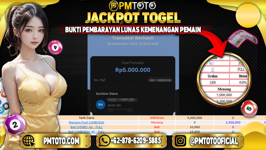 Selamat Kepada Member PMTOTO JACKPOT CAMBODIA Rp.5.000.000.,- LUNAS