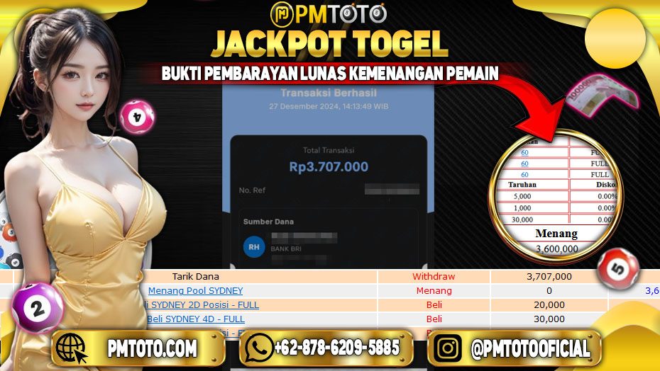 Selamat Kepada Member PMTOTO JACKPOT SYDNEY LOTTO Rp.3.707.000.,- LUNAS