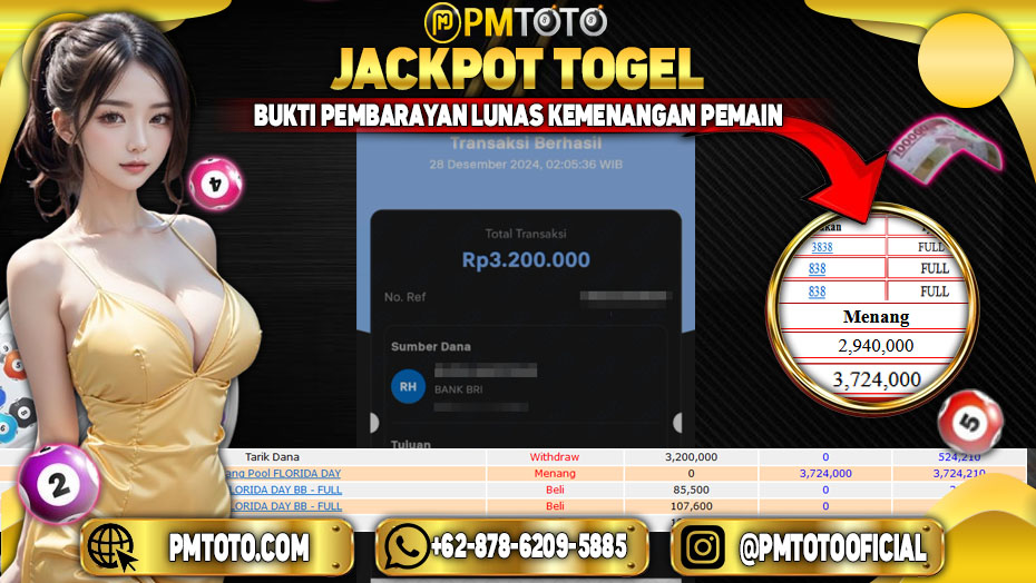 Selamat Kepada Member PMTOTO JACKPOT FLORIDA DAY Rp.3.200.000.,- LUNAS