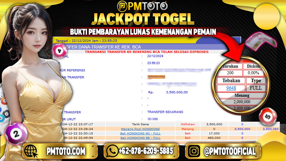 Selamat Kepada Member PMTOTO JACKPOT HONGKONG Rp.3.500.000.,- LUNAS