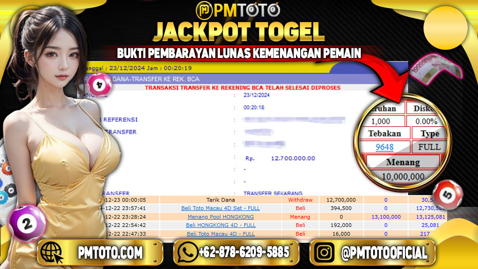 Selamat Kepada Member PMTOTO JACKPOT HONGKONG Rp.12.700.000.,- LUNAS