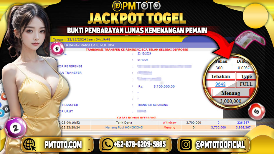 Selamat Kepada Member PMTOTO JACKPOT HONGKONG Rp.3.700.000.,- LUNAS