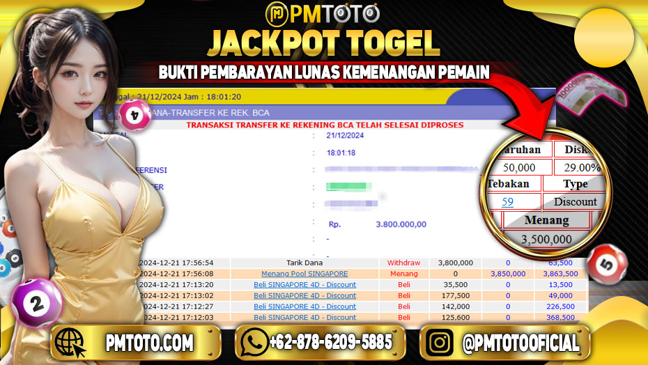 Selamat Kepada Member PMTOTO JACKPOT SINGAPORE Rp.3.800.000.,- LUNAS