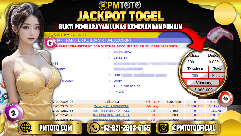 Selamat Kepada Member PMTOTO JACKPOT HONGKONG Rp.5.300.000.,- LUNAS