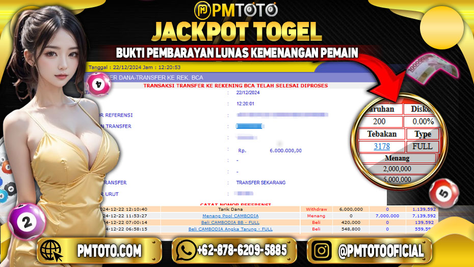 Selamat Kepada Member PMTOTO JACKPOT CAMBODIA Rp.6.000.000.,- LUNAS