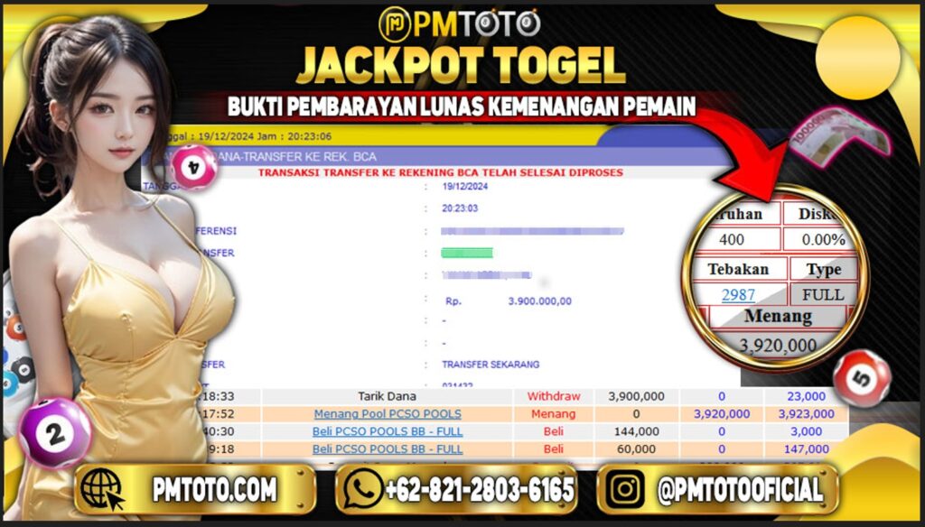 Selamat Kepada Member PMTOTO JACKPOT PCSO POOLS Rp.3.900.000.,- LUNAS