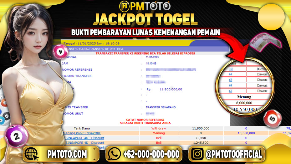 Selamat Kepada Member PMTOTO JACKPOT SINGAPORE Rp.11.800.000.,- LUNAS