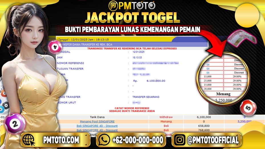 Selamat Kepada Member PMTOTO JACKPOT SINGAPORE Rp.6.100.000.,- LUNAS