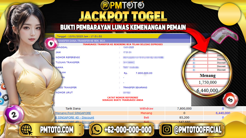 Selamat Kepada Member PMTOTO JACKPOT SINGAPORE Rp.7.800.000.,- LUNAS