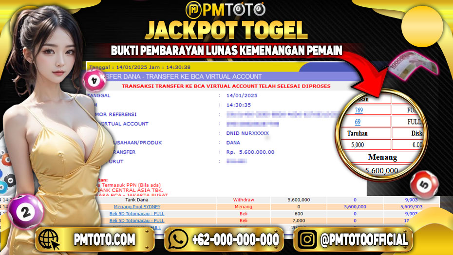 Selamat Kepada Member PMTOTO JACKPOT SYDNEY Rp.5.600.000.,- LUNAS