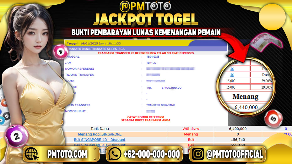 Selamat Kepada Member PMTOTO JACKPOT SINGAPORE Rp.6.400.000.,- LUNAS