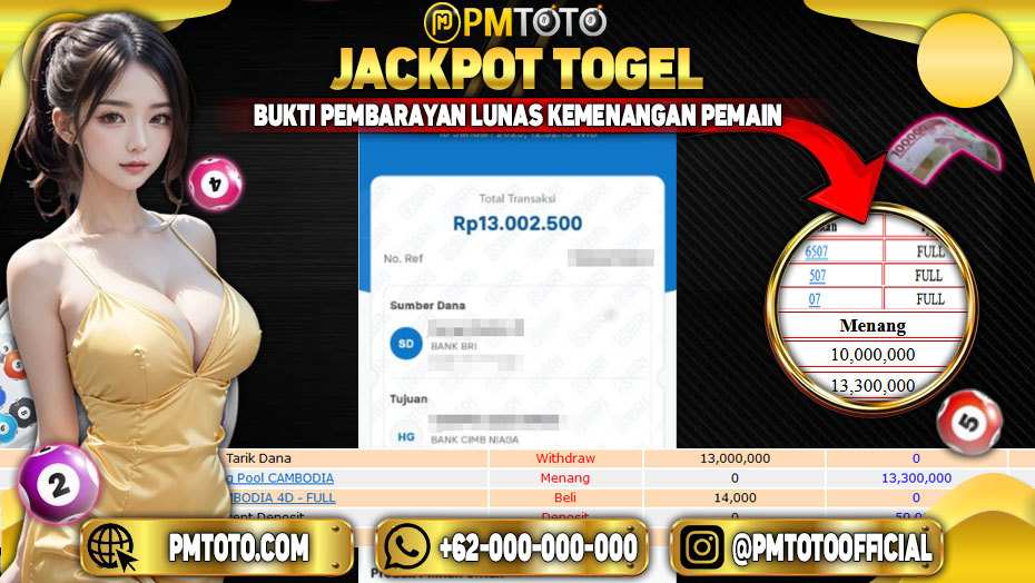 Selamat Kepada Member PMTOTO JACKPOT CAMBODIA Rp.13.000.000.,- LUNAS