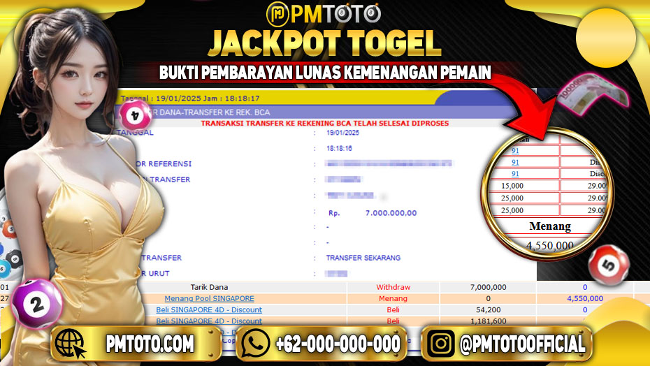 Selamat Kepada Member PMTOTO JACKPOT SINGAPORE Rp.7.000.000.,- LUNAS