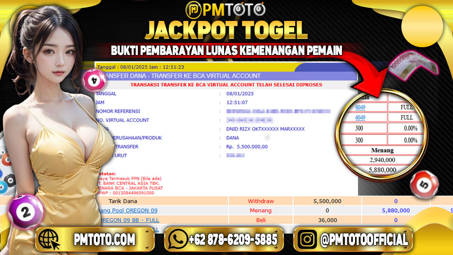 Selamat Kepada Member PMTOTO JACKPOT OREGON 09 Rp.5.500.000.,- LUNAS